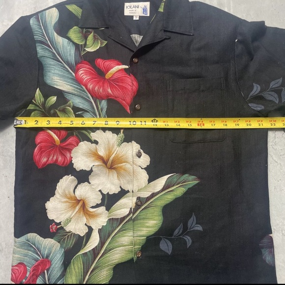 Vtg 60s Iolani Hawaiian Shirt Single Stitch Shoulder Pad Mens Small Black Floral - Picture 7 of 7
